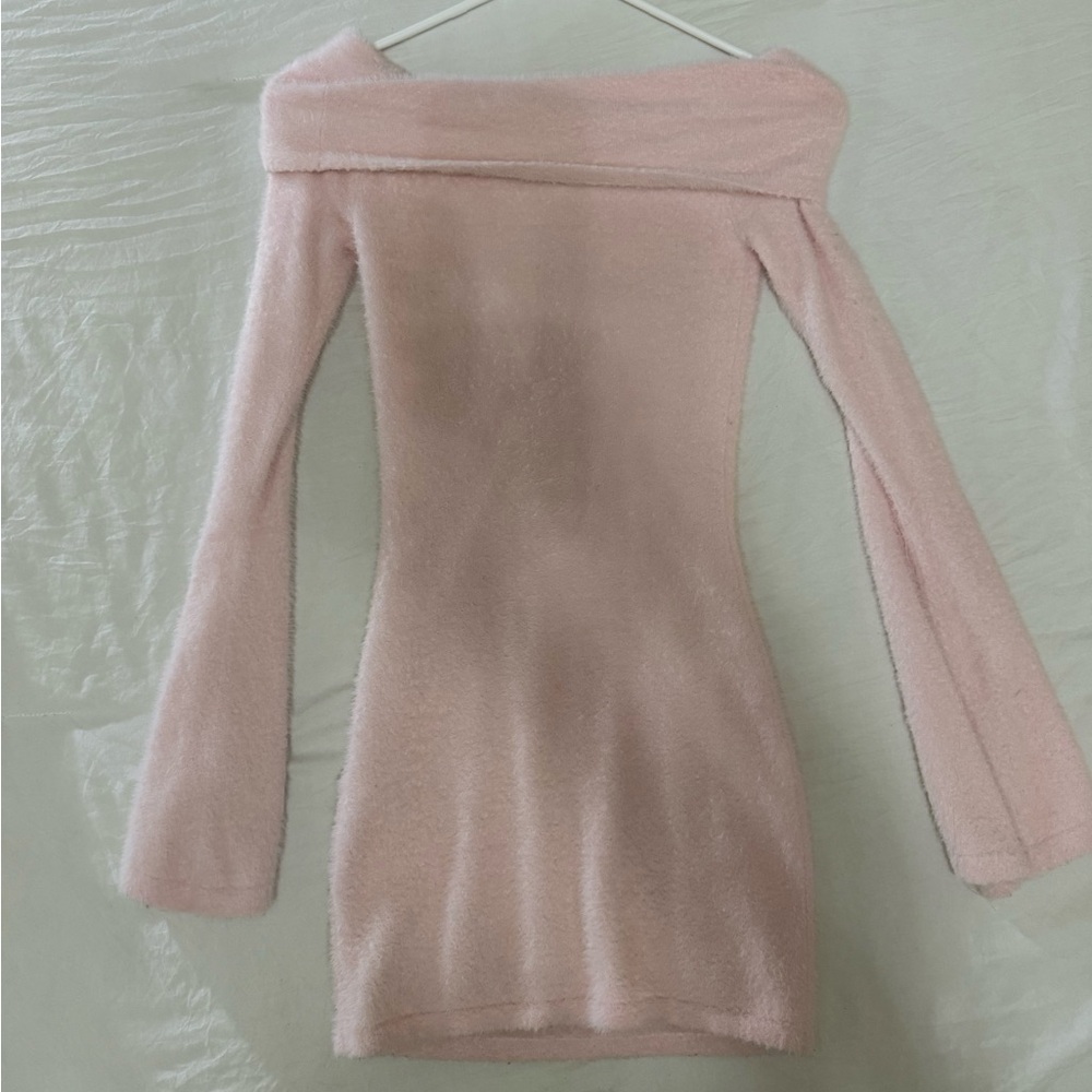 White Fox Boutique Blush Pink Off-Shoulder Fuzzy Bodycon Dress
